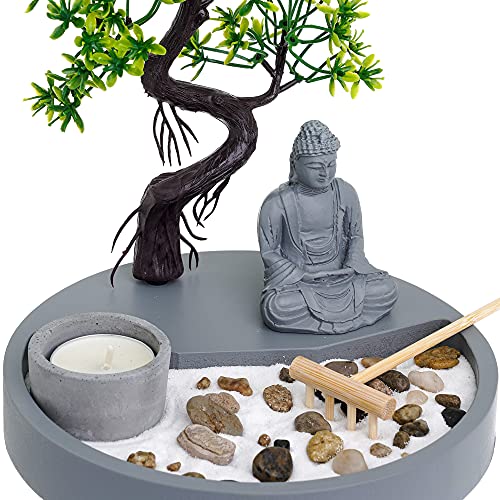 London Boutique Zen Garden Thai Buddha - Candle Holder - White Sand - Decorative Stones - Wooden Shovel - Round Base