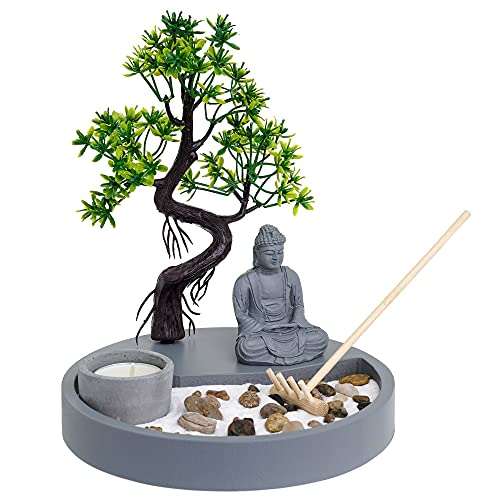London Boutique Zen Garden Thai Buddha - Candle Holder - White Sand - Decorative Stones - Wooden Shovel - Round Base