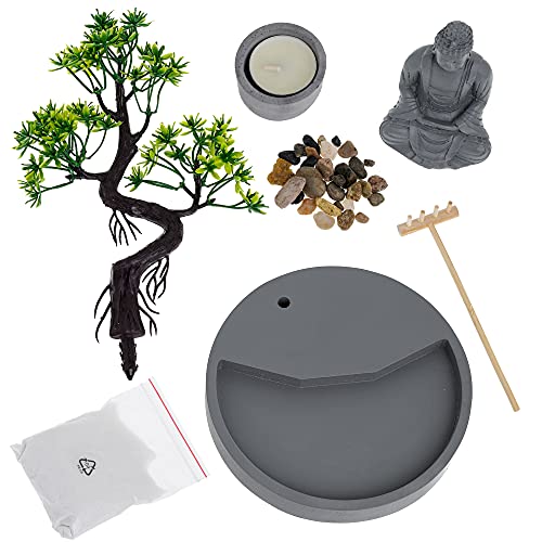 London Boutique Zen Garden Thai Buddha - Candle Holder - White Sand - Decorative Stones - Wooden Shovel - Round Base