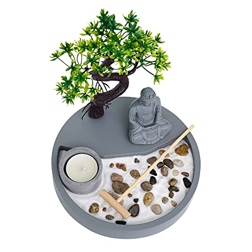London Boutique Zen Garden Thai Buddha - Candle Holder - White Sand - Decorative Stones - Wooden Shovel - Round Base
