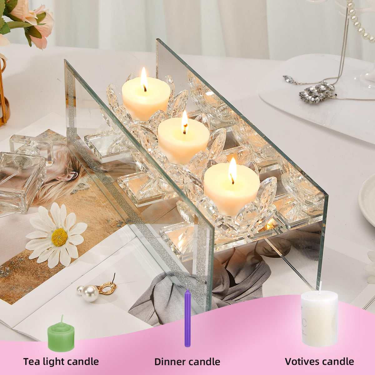 London Boutique Mirrored Candle Holder for 3 Candles – Sparkling Silver Frame with K9 Crystal Holders, Luxury Glass Tea Light & Votive Display Stand, Home Décor & Gift Idea (Lily Flower Cups)