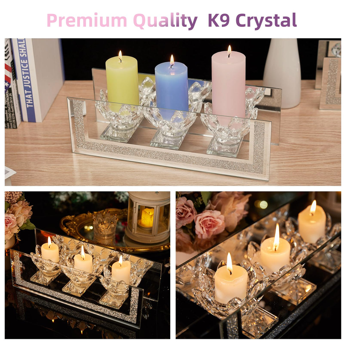 London Boutique Mirrored Candle Holder for 3 Candles – Sparkling Silver Frame with K9 Crystal Holders, Luxury Glass Tea Light & Votive Display Stand, Home Décor & Gift Idea (Lily Flower Cups)