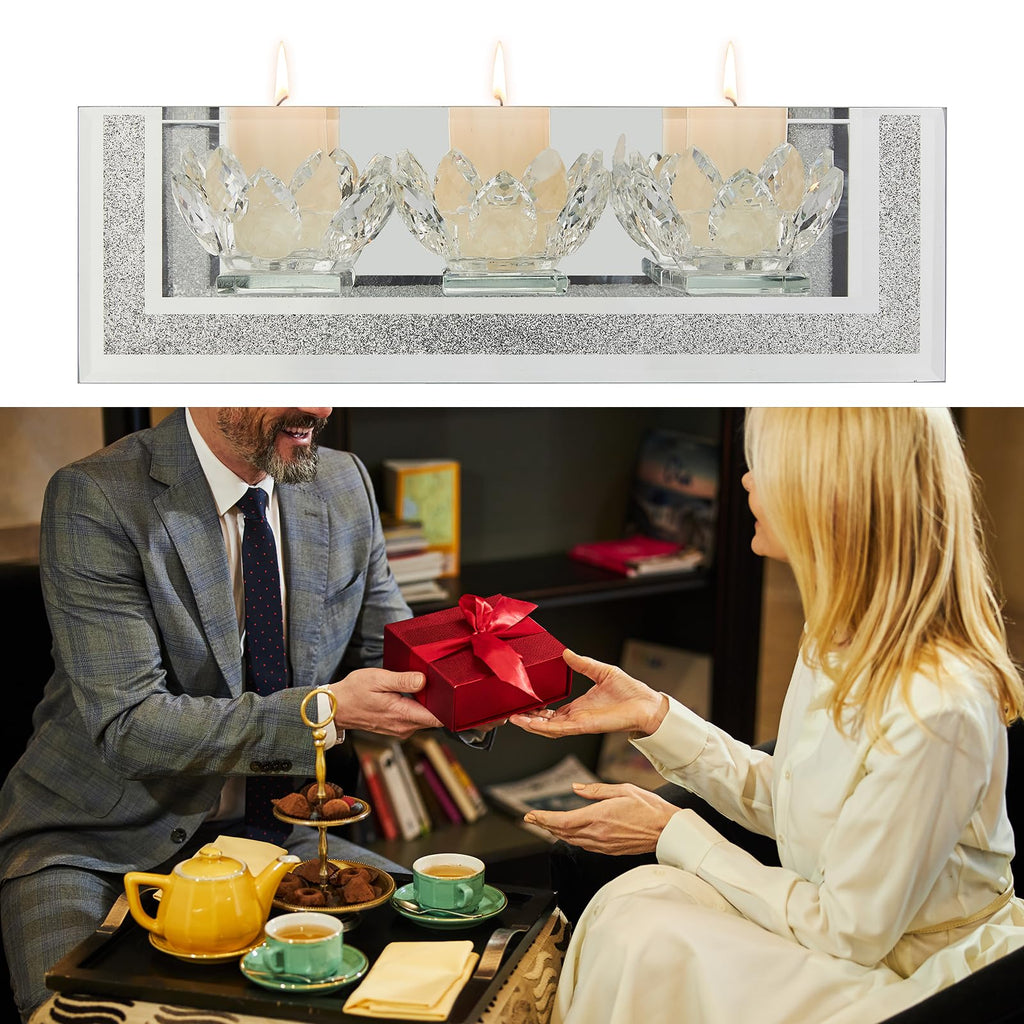 London Boutique Mirrored Candle Holder for 3 Candles – Sparkling Silver Frame with K9 Crystal Holders, Luxury Glass Tea Light & Votive Display Stand, Home Décor & Gift Idea (Lily Flower Cups)